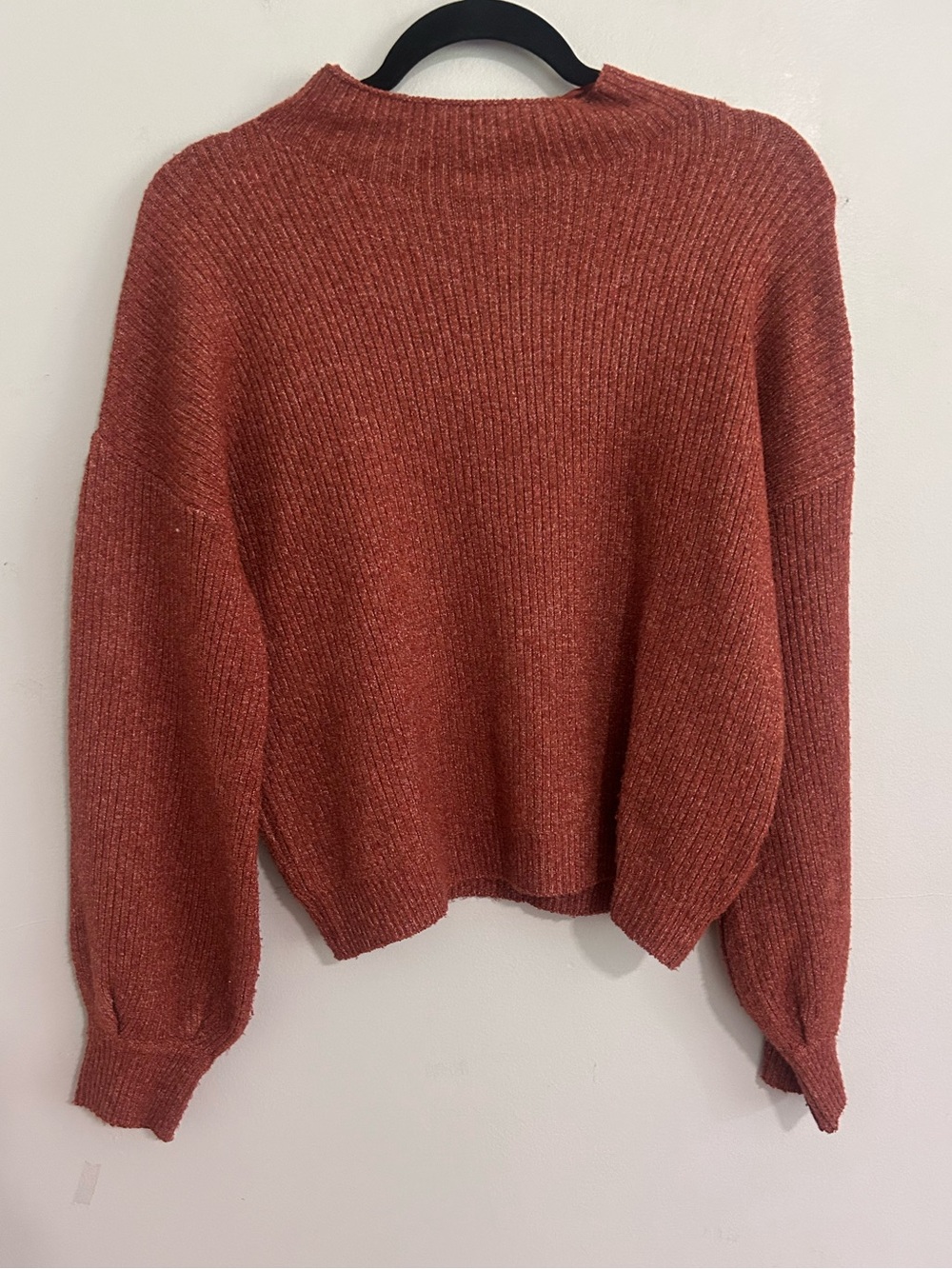 PINQUE Rust Ribbed Balloon Sleeve Mock Neck Sweater S Closet Staple Cozy